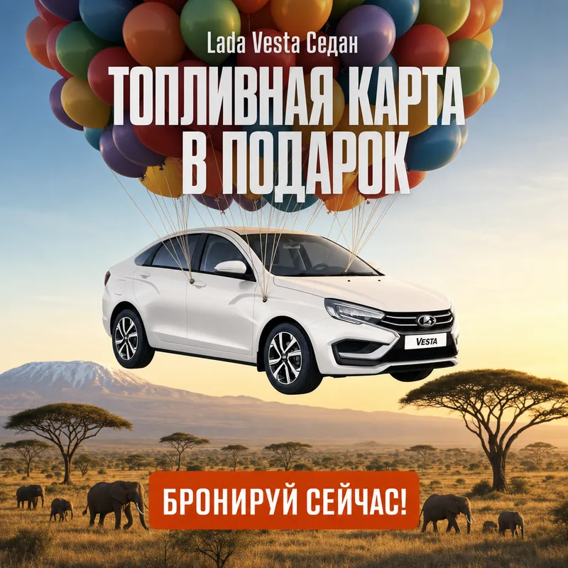 Тот же макет: Lada Vesta летит на воздушных шарах над саванной, тексты прежние